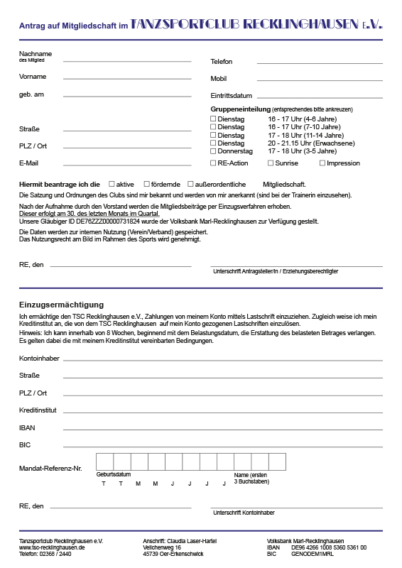Anmeldung Seite 1 des TSC Recklinghausen