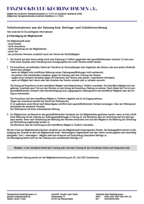 Teilinformation der Satzung des TSC Recklinghausen